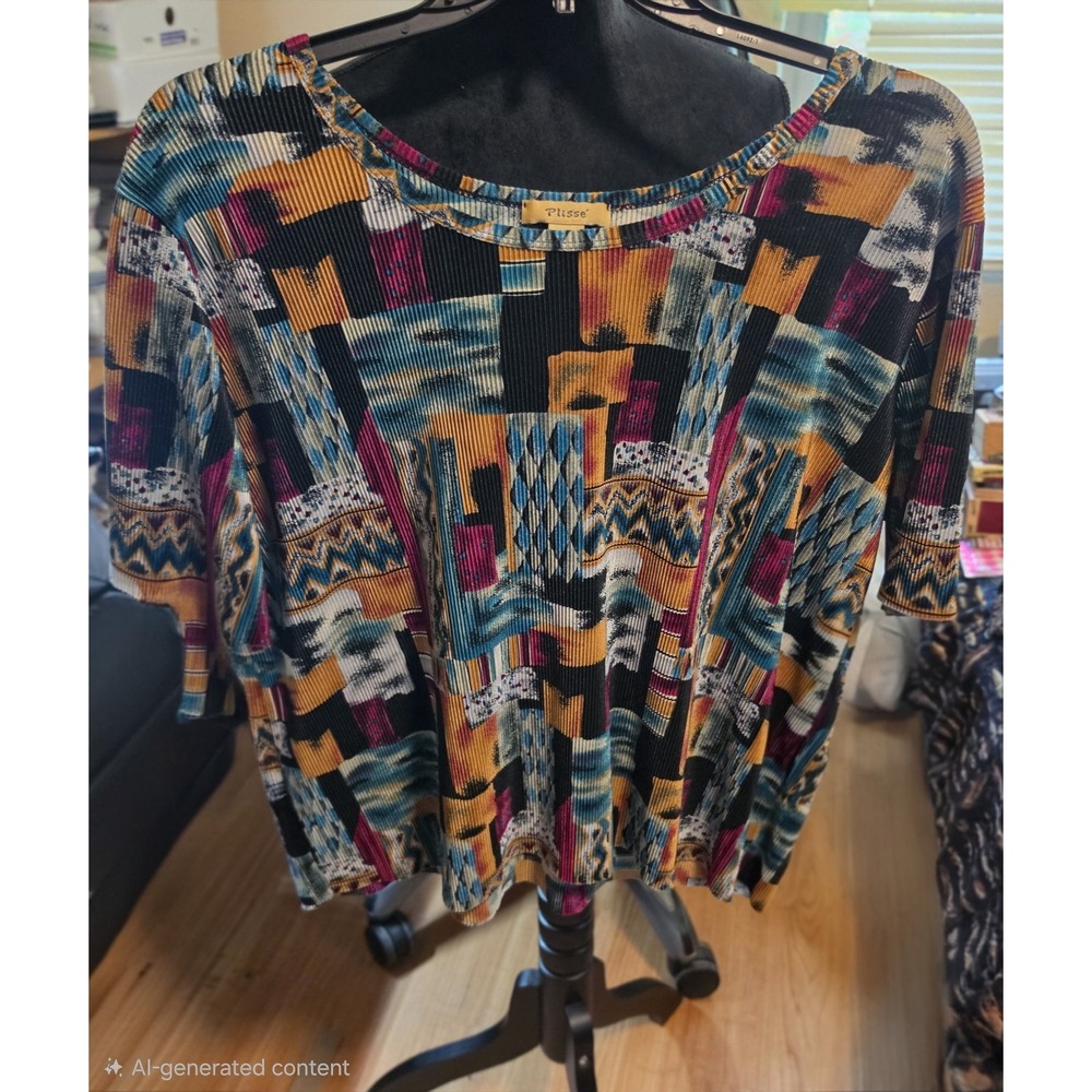 Plisse Womens  Vibrant Multicolored Geometric Abstract Pleated Shirt 3X